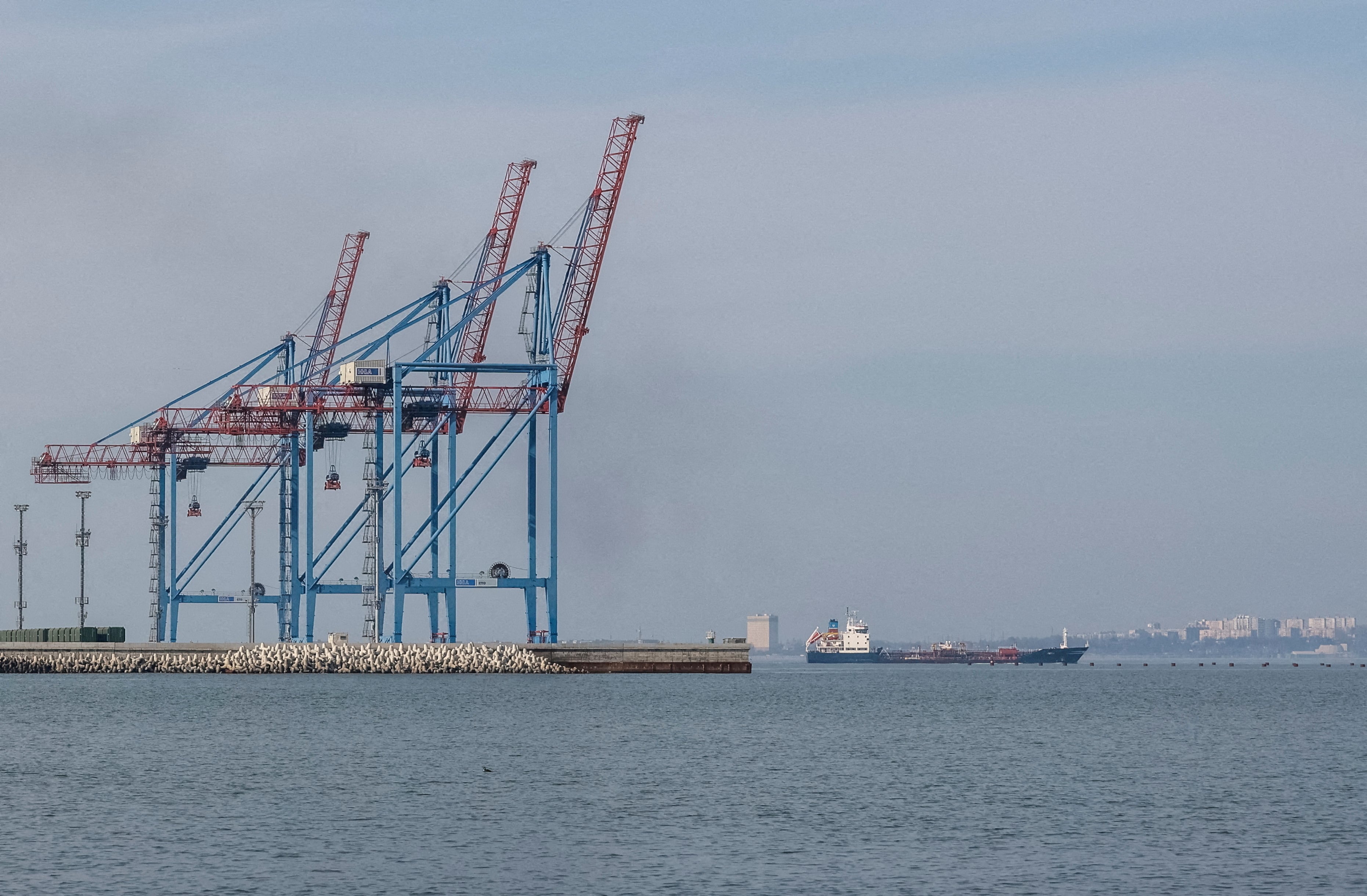 A cargo vessel leaves a port in the Black Sea in Odesa